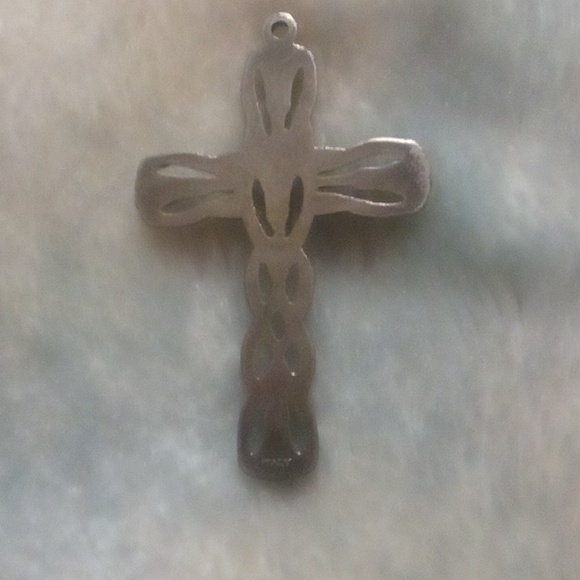 Lovely Openwork Resurrection Lily Iris Flowers Silvertone Cross Pendant - Picture 2 of 2